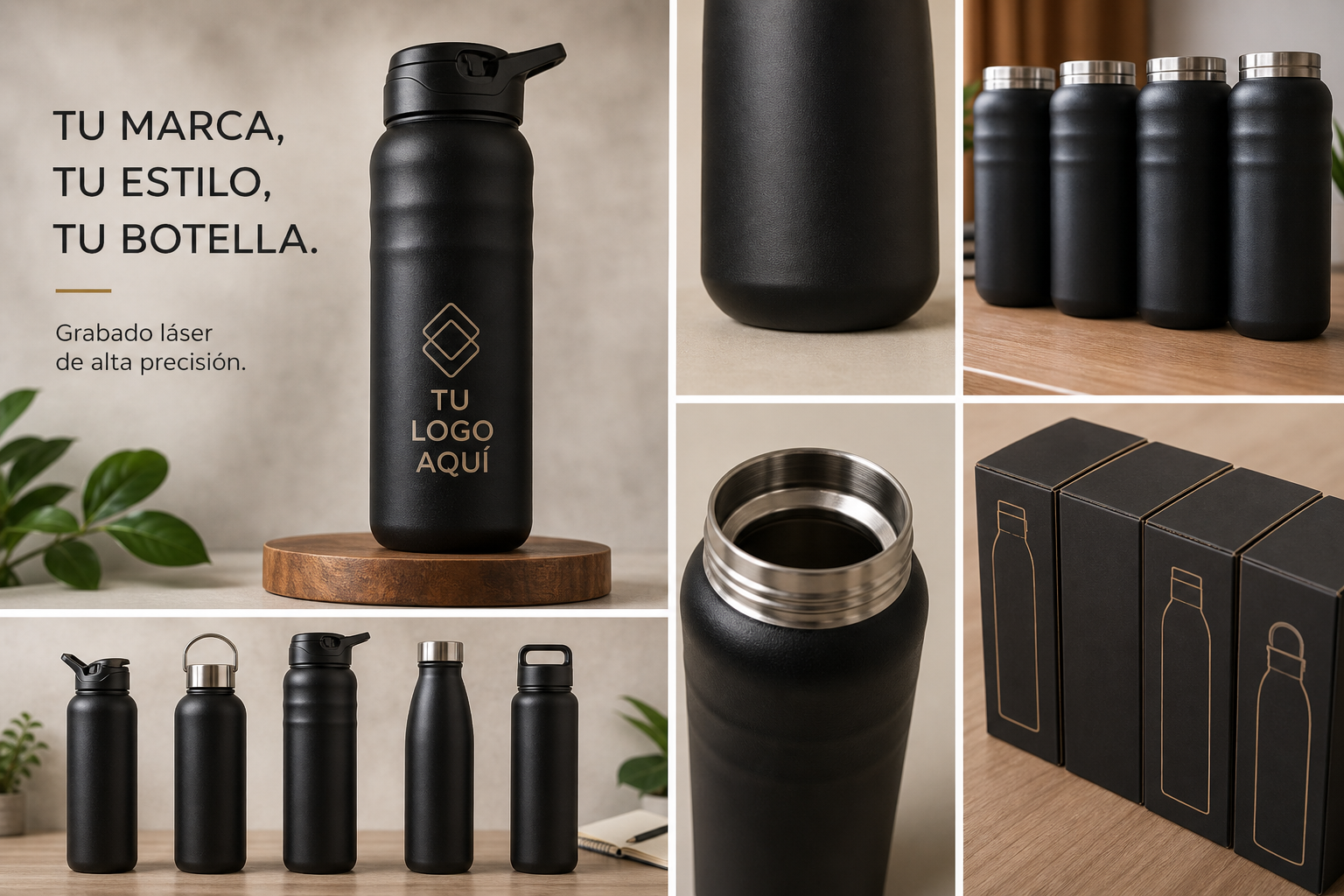 Botellas térmicas negras sin marca visible personalizadas con grabado láser
